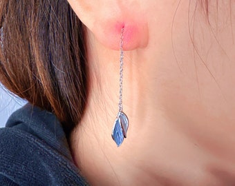 Sky Blue Leaves Earrings, Leaves with Texture Earrings, Sterling Silver Earrings, Leaves Threader Earrings, Colorful Leaves  Earrings, E134