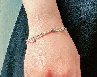 Moon and Stars Bracelet, Sterling Silver Bracelet, Double Layers Bracelet, Multiple Chains Bracelet, Wedding Bracelet, C9