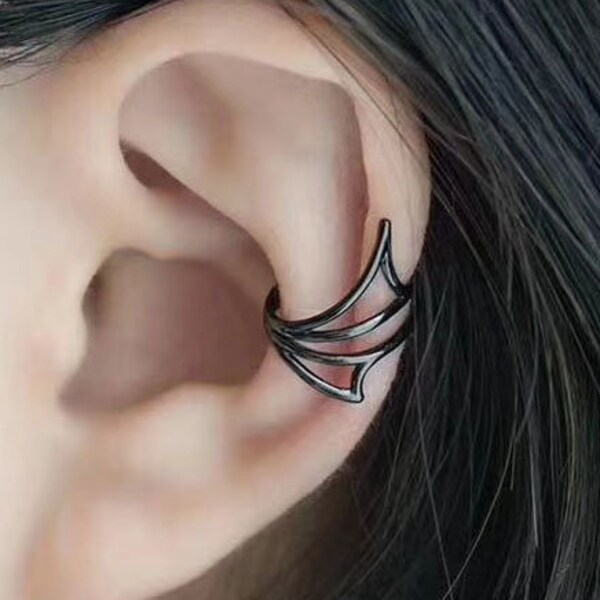 Black Spirits' Ear Eearring, Sterling Silver Earrings, Black Ear Cuff, Devil Ear Cuff, Black Angels Wings Clip, Huggie Feather Hoops, E9-E10