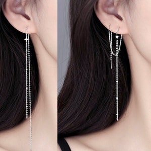 Long Threader Earrings, Sterling Silve Earrings, Stackable Ear Wires, Piercings Earrings, Dangle Earrings, One Side Threader Earring, E138