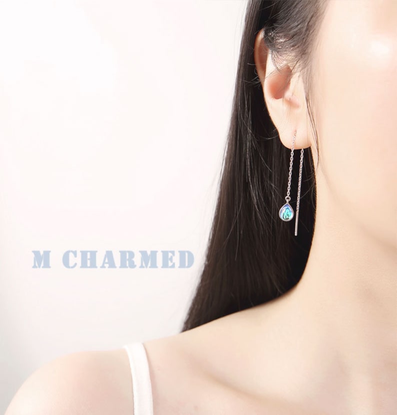 Party Earrings Blue Rain Drop Earrings Sky Blue Threader Earrings Gift for Her Sterling Silver Earrings Ocean Blue Threader Earrings