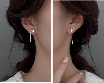 Moon and star dangle earrings,Sterling Silver Earrings,asymmetric drop earrings,Dainty Earring,Minimalist Earrings, E122