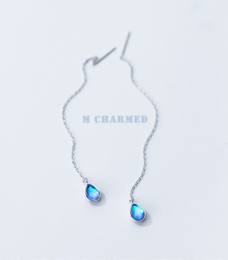 Party Earrings Blue Rain Drop Earrings Sky Blue Threader Earrings Gift for Her Sterling Silver Earrings Ocean Blue Threader Earrings