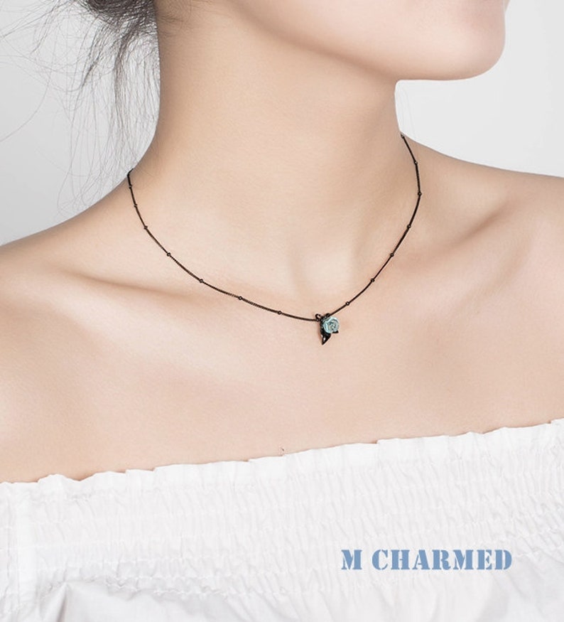 Black Roses Necklaces Black Chic Necklace Silver Necklace Birthday Gift Trendy Necklace,C20 Blue Stone Necklace Stained Glass Necklace