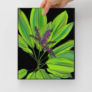 May include: Canvas art print featuring a vibrant botanical illustration. The artwork showcases large, bright green leaves with a central stem and delicate purple flower spikes against a black background. Signed by the artist.