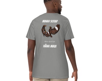 May include: A grey short-sleeve t-shirt featuring a graphic of two brown hawks in flight. The text MINAH SCRAP is printed above the birds, with Mahina Howell Art and HĀNA MAUI printed below in white lettering on the back of the garment.