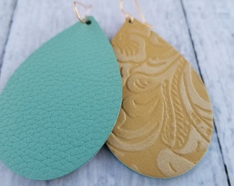 Turquoise teardrop leather earrings