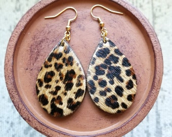 Leopard print cowhide leather earrings, small teardrop hair on hide