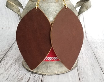 Dark brown leaf earrings, large leather earrings