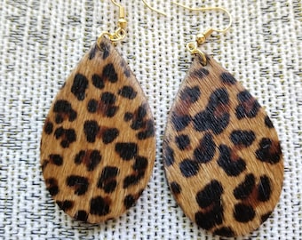 Leopard print cowhide leather, medium hair on hide earrings