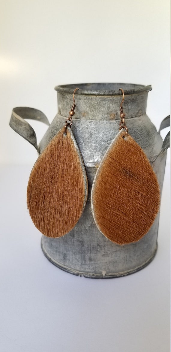 Brown Cowhide Earrings Hair On Hide Teardrop Earrings Etsy