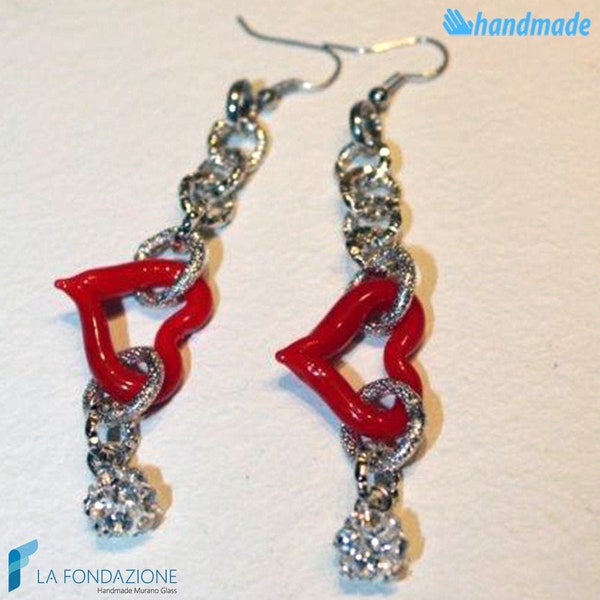 Chained Heart Earrings with rhinestones and gift box, jewelry handmade in venetian Murano glass Italy