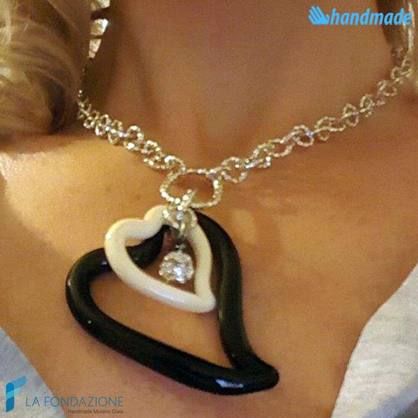 Chained Necklace with double heart and rhinestones with gift box, jewelry handmade in venetian Murano glass Italy perfect for birthday