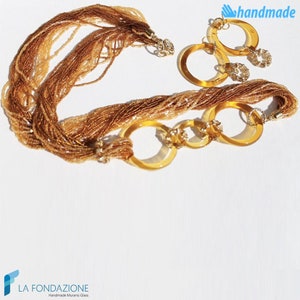 Set Conteria Three Circles Gold with necklace and earrings, jewelry handmade in venetian Murano glass Italy with gift box