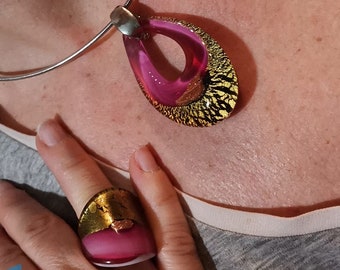 Drop Fuchsia gold set with necklace and ring, jewelry handmade in venetian Murano glass Italy, perfect for mother day