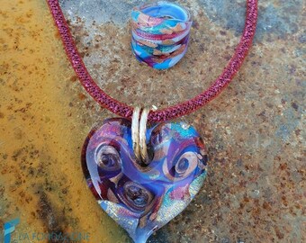 Heart Chakra Manipura set with necklace, band ring and gift box, jewelry handmade in venetian Murano glass and avventurine