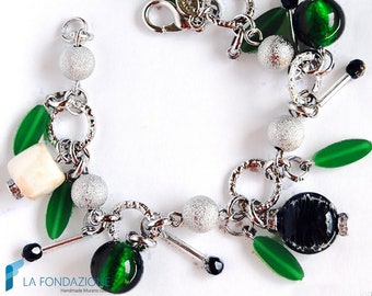 Emerald Charm Bracelet with silver and gift box, jewelry handmade in venetian Murano glass Italy perfect for birthday