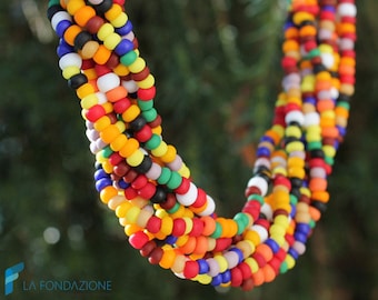 Maxi Torchon Necklace beaded on Satin Rainbow color with gift box, jewelry handmade in venetian Murano glass Italy perfect for birthday