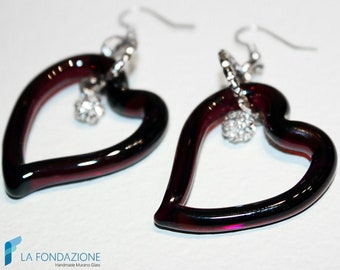Dark red heart earrings with light point and gift box, jewelry handmade in venetian Murano glass Italy