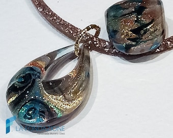 Vortex Drop Set Turquoise with necklace, band ring and gift box, jewelry handmade in venetian Murano glass and avventurine