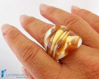 Caramel glass band ring with and aventurine and gift box, jewelry handmade in venetian Murano glass Italy perfect for birthday