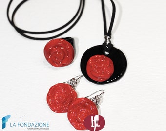 Red Rose Passion Set with pendant, ring and earrings, jewelry handmade in venetian Murano glass Italy, perfect for mothers day gift