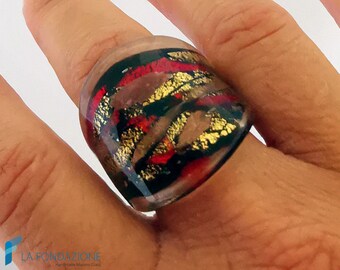 Anillo de banda Antica Roma con aventurina y oro, en cristal de Murano hecho a mano con caja de regalo