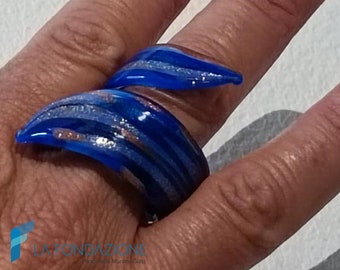 Blue Silver Spiral Band Ring with aventurine and gift box, jewelry handmade in venetian Murano glass Italy perfect for a gifts