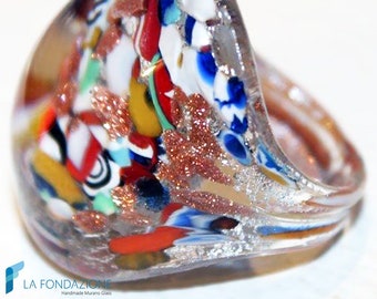 Band Broken Silver Millefiori Ring with aventurine and gift box, jewelry handmade in venetian Murano glass Italy perfect for birthday