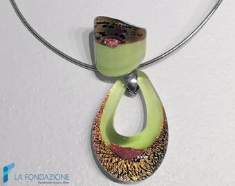 Drop Lime gold set with necklace and ring with aventurine handmade in Murano glass Venice