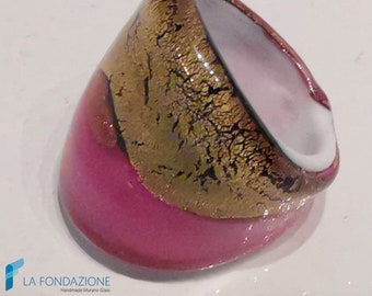 Fuchsia Flat Broken Gold Band Ring Handmade Murano glass Venice Italy