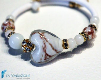 Valentino White with aventurine and gift box - Glass bracelet made in Murano Venice Italy