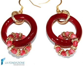Boop Red dangle hoop Earrings, jewelry handmade in venetian Murano glass Italy with gift box perfect for mothers day gift