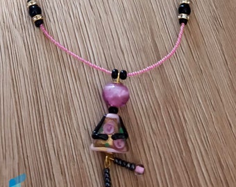Pink doll necklace with gold and gift box, jewelry handmade in venetian Murano glass Italy perfect for valentines day