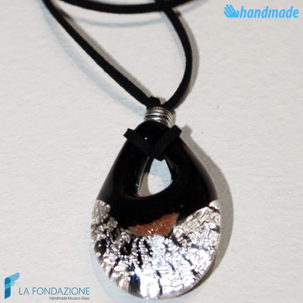 Pendentif Goutte En Verre De Murano Signé - Collier Argenté Vintage 50 Cm