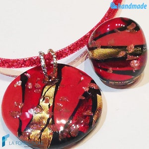 Fire Lagoon set with necklace, band ring and gift box, jewelry handmade in venetian Murano glass and avventurine