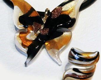 Butterfly set with pendant and spiral ring, jewelry handmade in venetian Murano glass Italy, perfect for mothers day gift