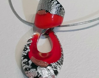 Red drop set broken silver with necklace and ring handmade in Murano glass Venice