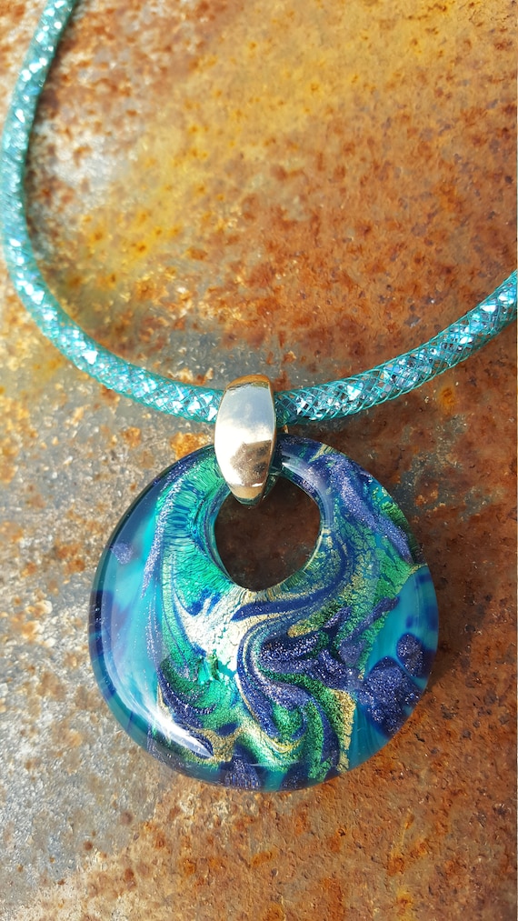 Collier Perles De Verre Murano Vert Et Mauve - Sublime Et En Parfait état - Occasion
