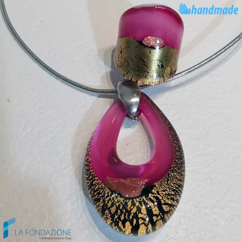 jewelry handmade in venetian Murano glass Italy perfect for mother day Drop Fuchsia gold set with necklace and ring