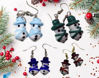 Dangle earrings with Snowman in Murano glass with gift box, jewelry handmade in venetian Murano glass Italy perfect for Christmas