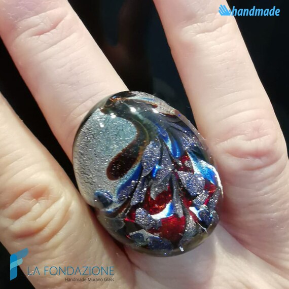 Bague En Verre De Murano Authentique - Anneau Fantaisie Neuf Avec étiquette