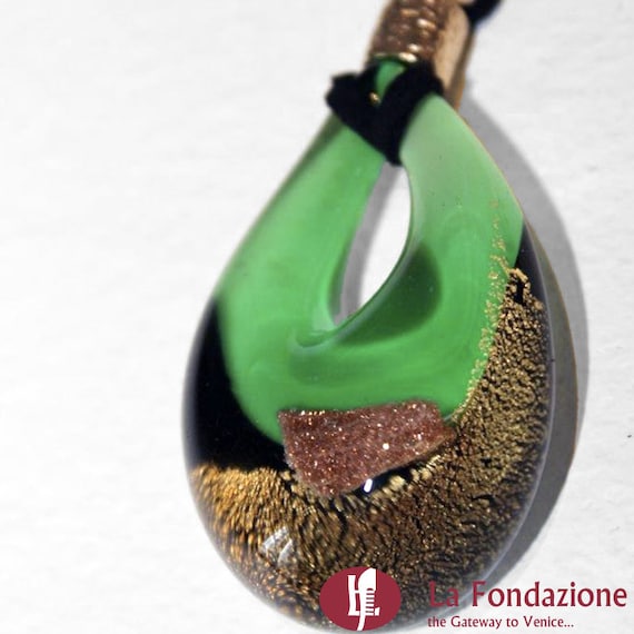 Pendentif Goutte En Verre De Murano Signé - Collier Argenté Vintage 50 Cm