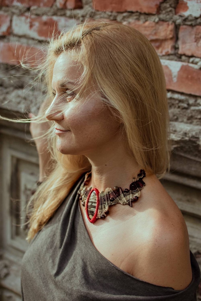 Handmade necklace macrame micromacrame knotted jewelries gemstone necklace jasper adjustable tribal boho bohemian necklace fiber jewelries