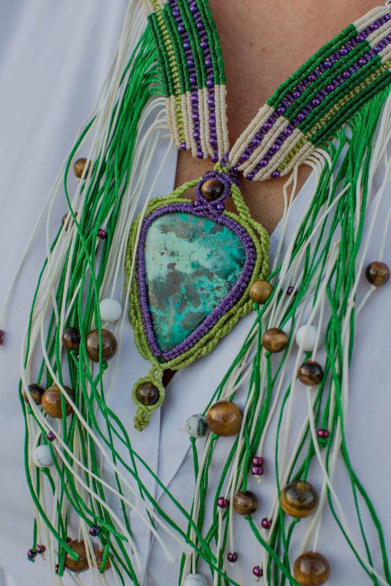 Handmade macrame necklace bohemian necklace festival jewelries chrysocolla necklace boho gemstone accessories tiger eye pendant agate