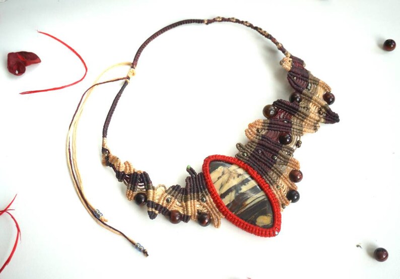 Handmade necklace macrame micromacrame knotted jewelries gemstone necklace jasper adjustable tribal boho bohemian necklace fiber jewelries