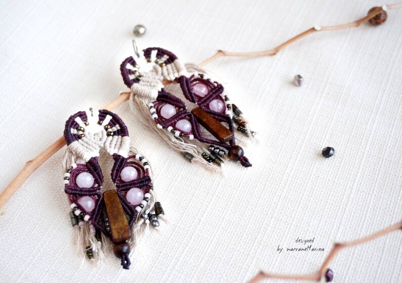 Handmade drop earrings macrame earrings rose quartz earrings elegant earrings,silver earrings fiber earrings boho jewelry,bohemian earrings