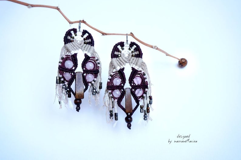 Handmade drop earrings macrame earrings rose quartz earrings elegant earrings,silver earrings fiber earrings boho jewelry,bohemian earrings