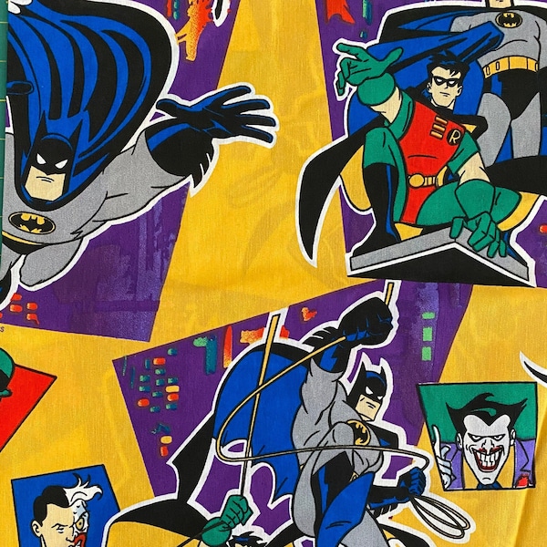 Vintage DC Comics (1995) Polycotton Fabric - Batman, Robin and Joker on Yellow - 38" x 26"