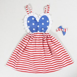 4th of july baby girl dress little girls dress 4th of july birthday dress Memorial day dress lace heart dress striped star dress blue red